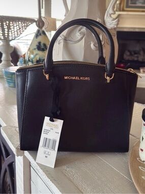 Michael Kors Black Saffiano Leather Dome Satchel with Gold Hardware